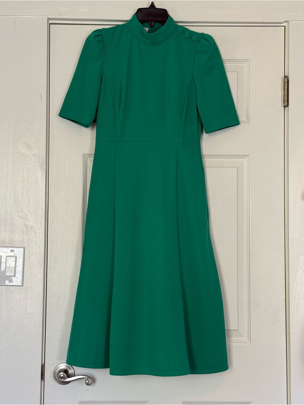 Donna Morgan Vibrant Green High-Neck Midi Dress with Shoulder Buttons